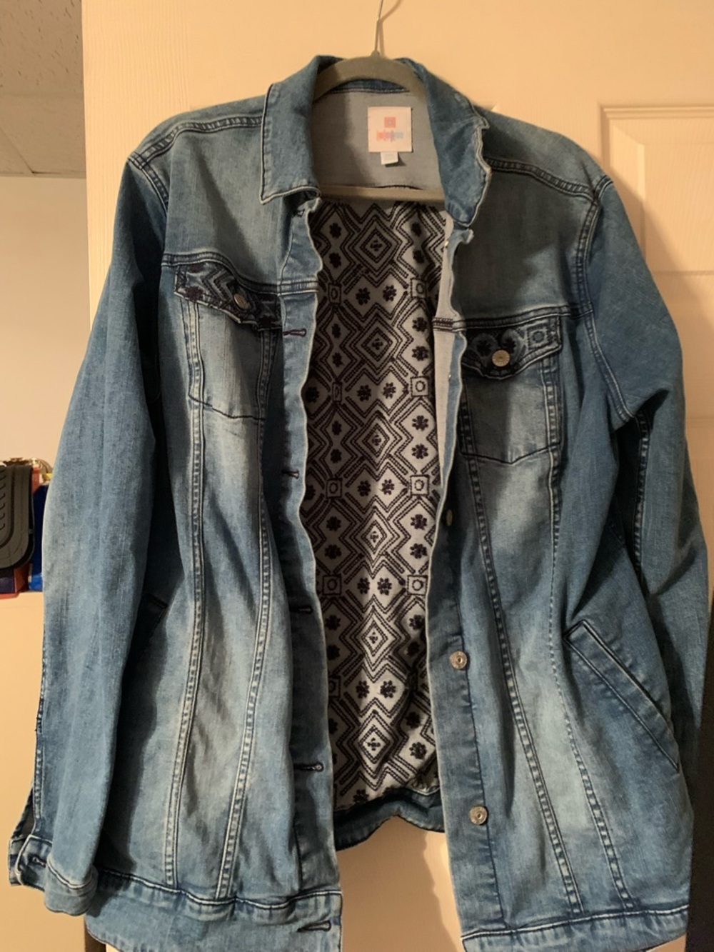LuLaRoe Light Blue Denim Jacket with Black & White Patterned Lining